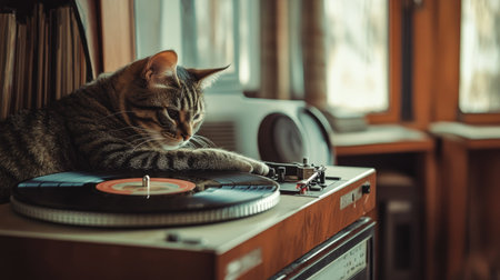 A cat lounging next to a spinning record on a vintage turntable in a cozy roomの素材