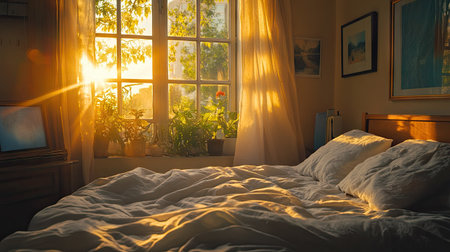 A bed by a large window, the crumpled blanket illuminated by golden hour lightの素材
