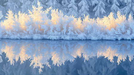 Close-up of ice crystals forming along the edges of a river in a peaceful winter forest.の素材