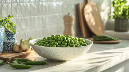 A bowl of green organic peas on a kitchen counter, with pea pods and a cutting board nearbyの素材