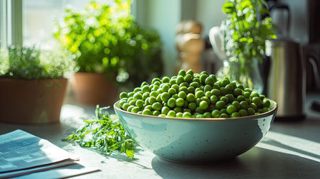 A bowl of green peas placed next to a cookbook and fresh herbs on a bright kitchen counterの素材
