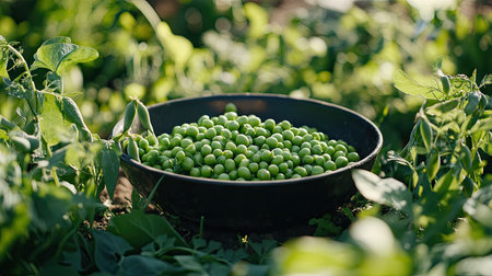 A bowl of green peas in a garden setting, surrounded by freshly picked pea pods and greeneryの素材