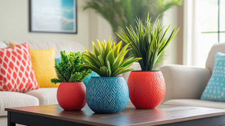 A bright living room with artificial plants in colorful pots arranged on a coffee tableの素材