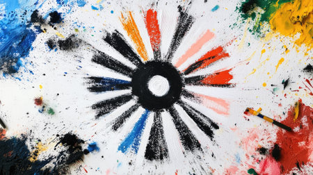 Chalk pastels forming a radial pattern on a white canvas, surrounded by colorful smudges.の素材