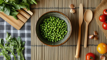 A bowl of green peas on a bamboo placemat, surrounded by wooden utensils and fresh vegetablesの素材