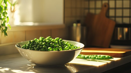 A bowl of green organic peas on a kitchen counter, with pea pods and a cutting board nearbyの素材
