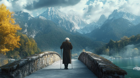 An elderly woman with a walking stick crossing a bridge, with mountains in the backgroundの素材