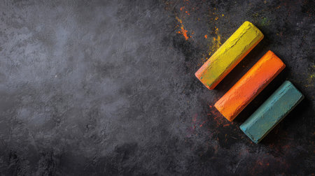 Colorful chalk pastels resting on a dark gray surface, their vivid hues creating contrast.の素材