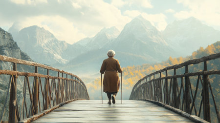 An elderly woman with a walking stick crossing a bridge, with mountains in the backgroundの素材