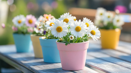 Artificial daisies in colorful pots arranged on an outdoor table for a summer garden partyの素材