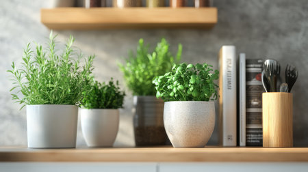 Artificial greenery in ceramic pots on a kitchen shelf, paired with spices and cookbooksの素材