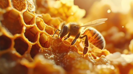 Macro shot of a honeybee inserting its proboscis into a honeycomb cell.の素材