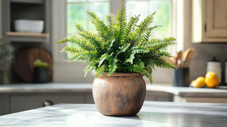 Artificial ferns in a rustic clay pot placed on a kitchen counter with natural light streaming inの素材