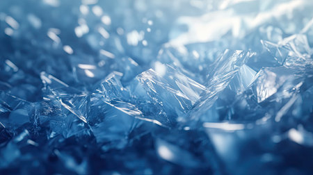 The fractured surface of a glacier, with ice shards glowing under soft morning light.の素材