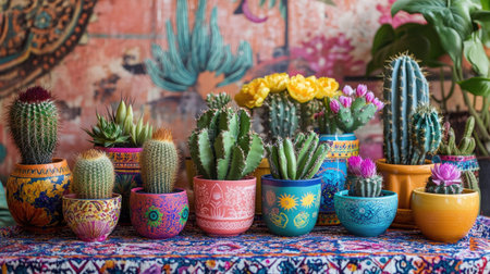 Artificial cacti in colorful pots displayed on a vibrant patterned cloth in a bohemian-style roomの素材