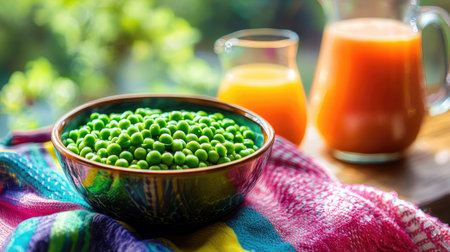 A bowl of green organic peas on a colorful striped cloth with a jug of fresh juice in the backgroundの素材