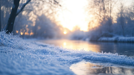 Close-up of ice crystals forming along the edges of a river in a peaceful winter forest.の素材