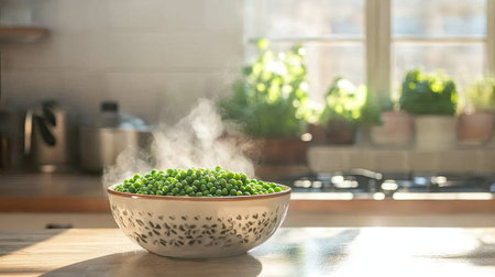 A bright kitchen scene with a ceramic bowl of peas and a pot of boiling water in the backgroundの素材