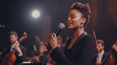 A classical singer holding a microphone with a symphony orchestra in the backgroundの素材
