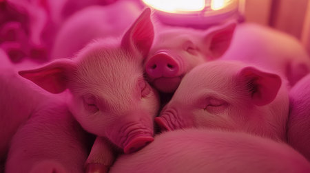 Piglets cuddled together under a heat lamp, their soft pink skin glowing warmly.の素材