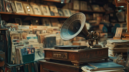 An elegant antique shop setting featuring a vintage record player and old records for saleの素材