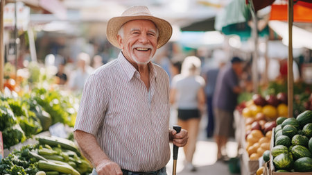 A cheerful senior man walking through a bustling farmers' market, leaning lightly on his walking stickの素材