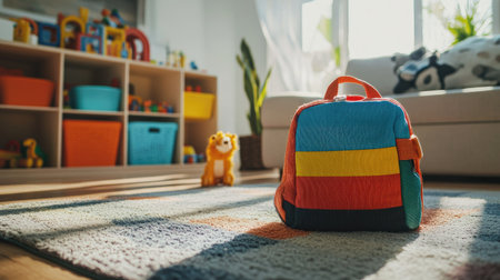 A child's colorful square backpack lying on the floor near a toy box in a playful living roomの素材