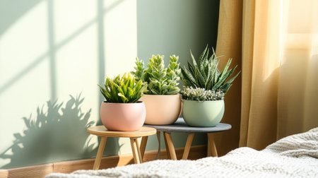 A bedroom corner featuring artificial plants in pastel-colored pots on a small standの素材