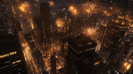 A black-and-gold themed  Happy New Year with matching fireworks lighting up a dramatic night skyの素材