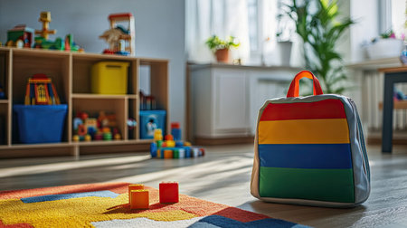 A child's colorful square backpack lying on the floor near a toy box in a playful living roomの素材