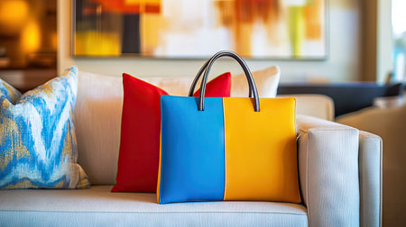 A brightly colored square bag set against a neutral couch, adding a pop of color to the living spaceの素材