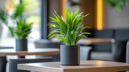 A cafe interior with artificial plants in sleek black pots placed on the tablesの素材