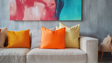 A brightly colored square bag set against a neutral couch, adding a pop of color to the living spaceの素材