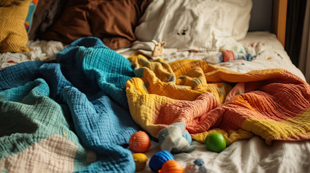A child's bed with a colorful, wrinkled blanket and scattered toysの素材