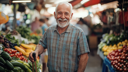 A cheerful senior man walking through a bustling farmers' market, leaning lightly on his walking stickの素材