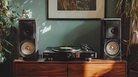 A classic black and silver turntable placed next to retro speakers on a wooden consoleの素材