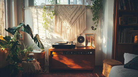 A bohemian-style room with a vintage turntable and macram wall hangingsの素材