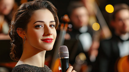 A classical singer holding a microphone with a symphony orchestra in the backgroundの素材