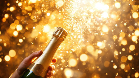 A celebratory moment as hands pop a champagne bottle under sparkling confetti and golden light.の素材