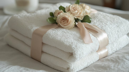 A close-up of towels tied with a ribbon, accented by small roses, on a modern bed setup.の素材