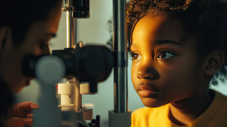 A child looking into an autorefractor machine, with a technician gently guiding them through the test.の素材