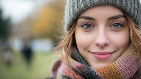 A casual shot of a young woman with a nose ring, wearing a beanie and scarf, enjoying a walk in a city park.の素材