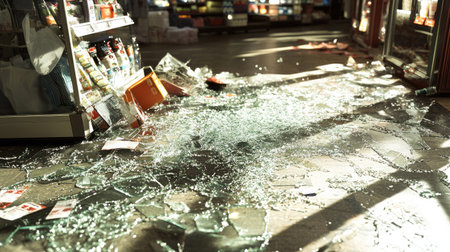 A chaotic scene of broken glass from a store display on the floor, with scattered merchandise visible.の素材