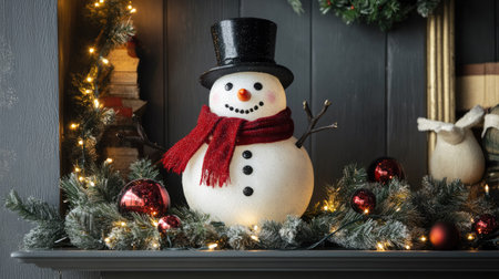 A cheerful snowman Christmas decoration with a red scarf and black top hat, surrounded by sparkling fairy lights on a mantelpiece.の素材