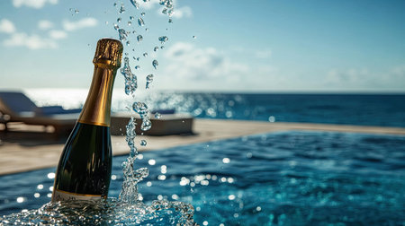 A champagne bottle being popped in the pool area of a luxurious resort under clear skies.の素材