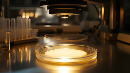 A circular cream spot on a glass dish, illuminated by a bright overhead lamp on a laboratory table.の素材