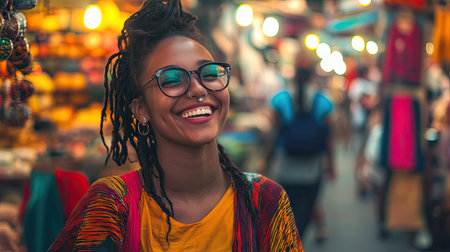 A carefree woman with a nose stud, laughing while walking through a colorful outdoor market.の素材