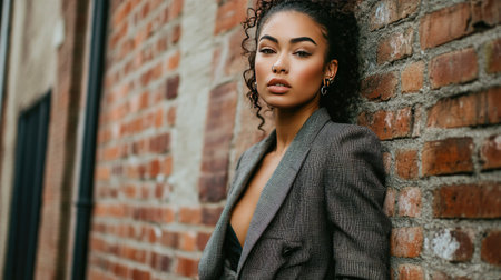 A chic woman with a nose piercing, styled in a tailored blazer and high-waisted trousers, leaning against a brick wall.の素材