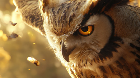 A close-up of a large owl's face, highlighting its intricate feathers and sharp gaze against a blurred natural background.の素材