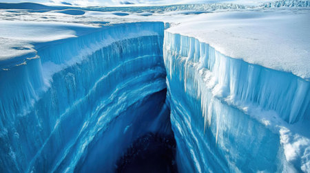 A close-up of a deep glacier crevasse, with layers of translucent blue and white ice.の素材